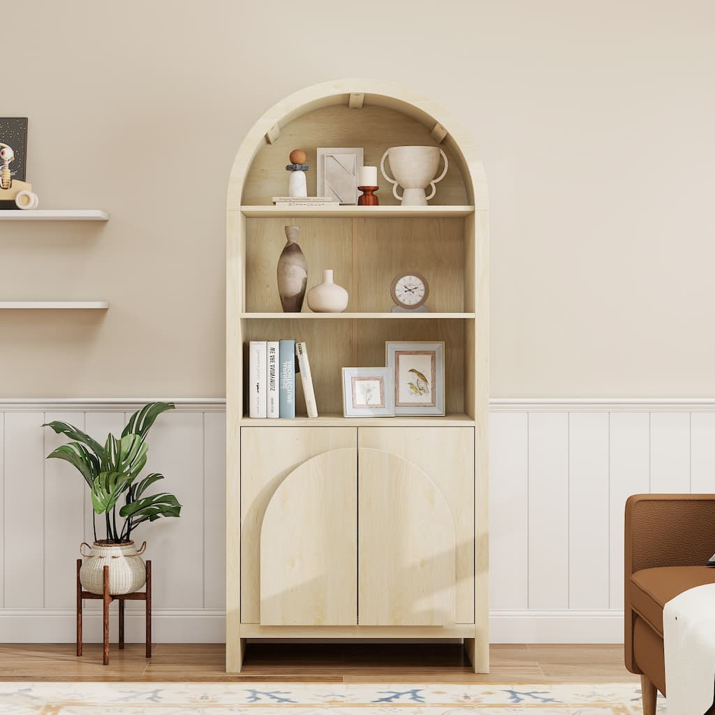 Modern Farmhouse Storage Display Cabinet, Arched Kitchen Pantry with Adjustable Shelves
