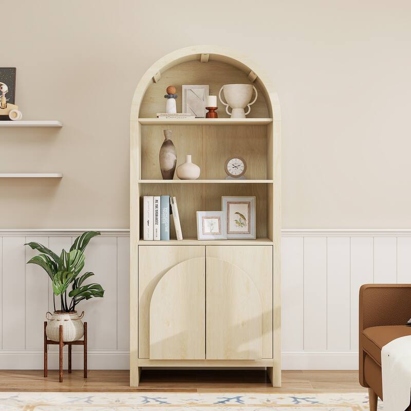 GDFStudio - Modern Farmhouse Arched Storage Cabinet with Adjustable Shelves - Natural