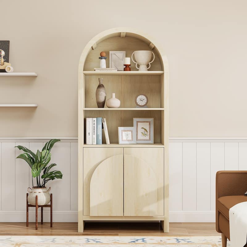 Roomfitters Arched Kitchen Pantry Cabinet, Modern Farmhouse Wood Storage Cabinet with Adjustable Shelves, Natural