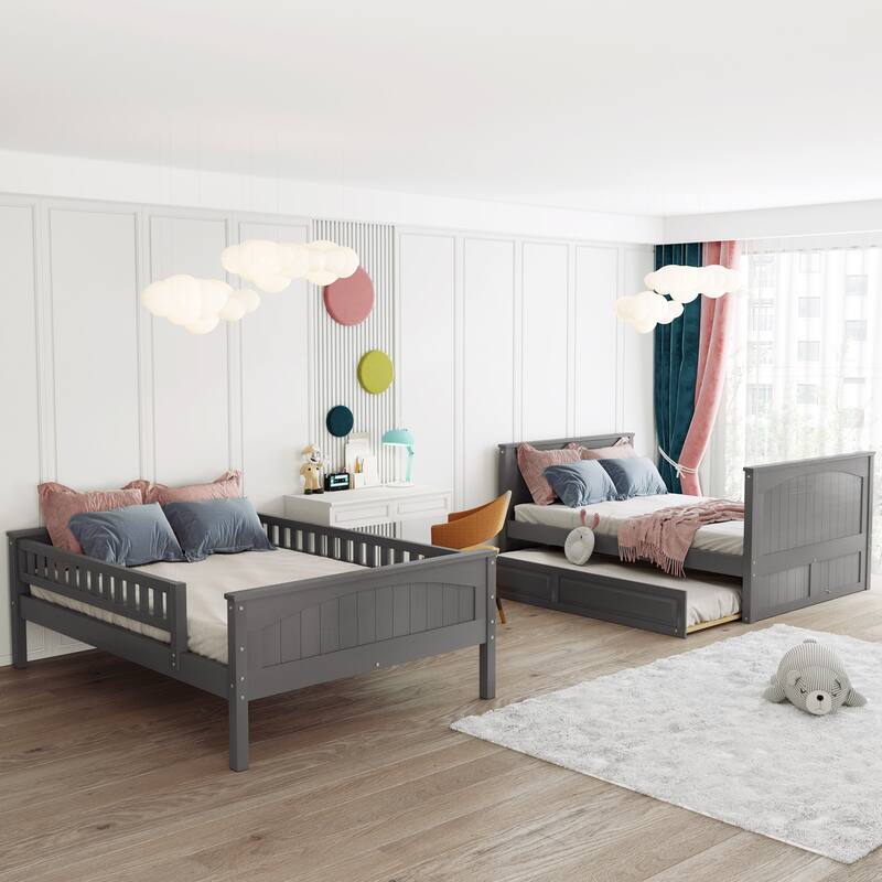 Full Over Full Bunk Bed with Twin Trundle, Pine Wood, Brushed Gray, Space-Saving Solution