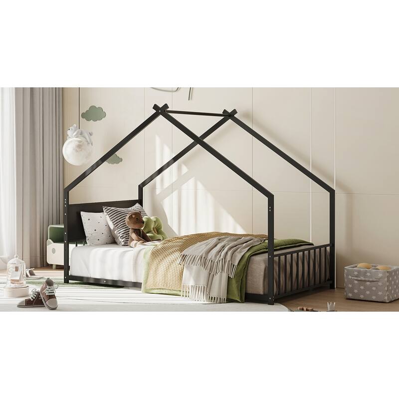 Twin Size House Bed with Roof and Colorful Lights