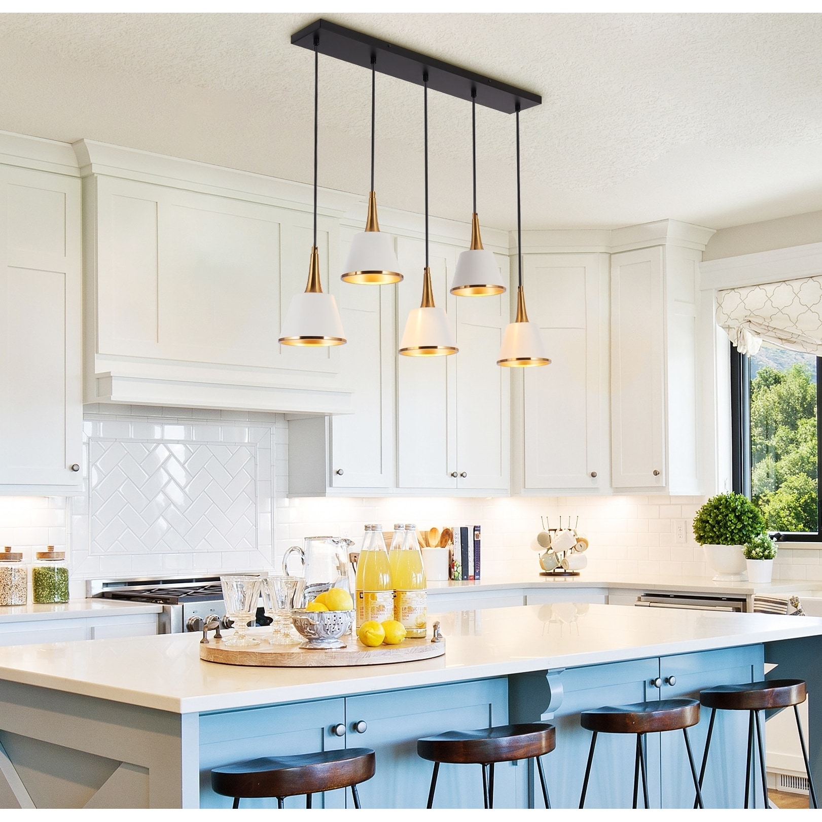 Nisa Modern Farmhouse Black Gold 5-Light Chandelier Linear Pendant Island Lights for Dining Room - 31.9"Wx5.9"Dx9"H