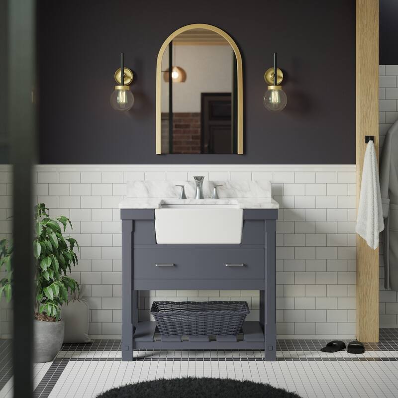KitchenBathCollection Charlotte 36" Farmhouse Bathroom Vanity with Carrara Marble Top