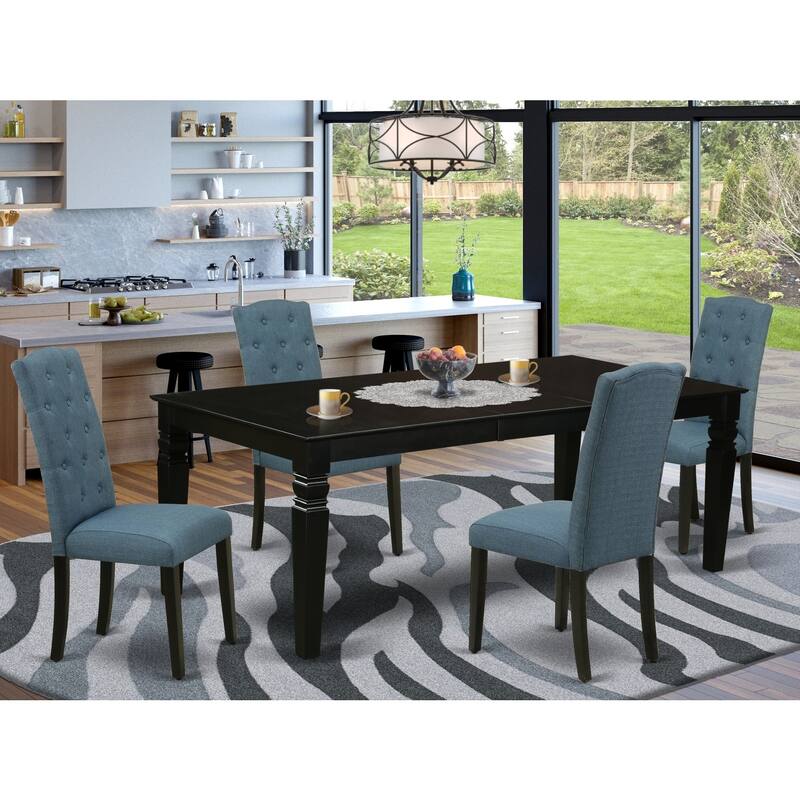 5-Piece Dining Set - Rectangle Table with Leaf & 4 Parsons Chairs - Blue Fabric, Black Finish - 84