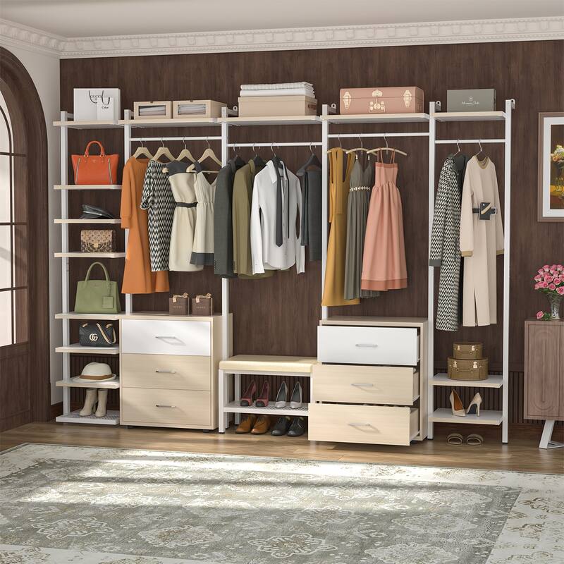 96'' Closet Organizer System with 6 Drawers, Clothing Rack Wardrobe Closet Garment Rack for Walk In Closets