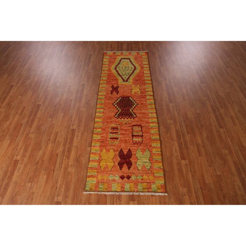 Geometric Orange Moroccan Oriental Runner Rug Hand-Knotted Wool Carpet - 3'1" x 9'9"