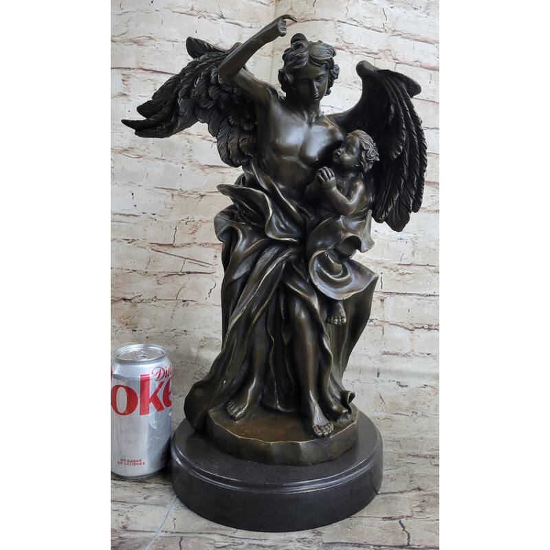 Signed Leonard Large Muscular Angel With A Child Bronze Marble Sculpture Statue