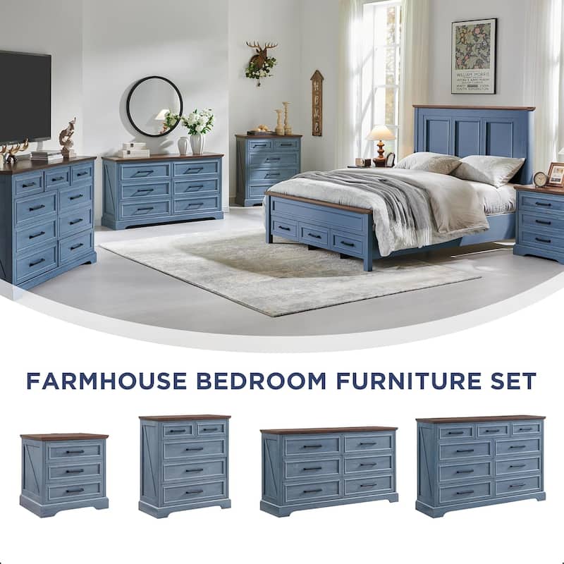 Farmhouse 3-Drawer Nightstand, Wide End Table with Charging Station