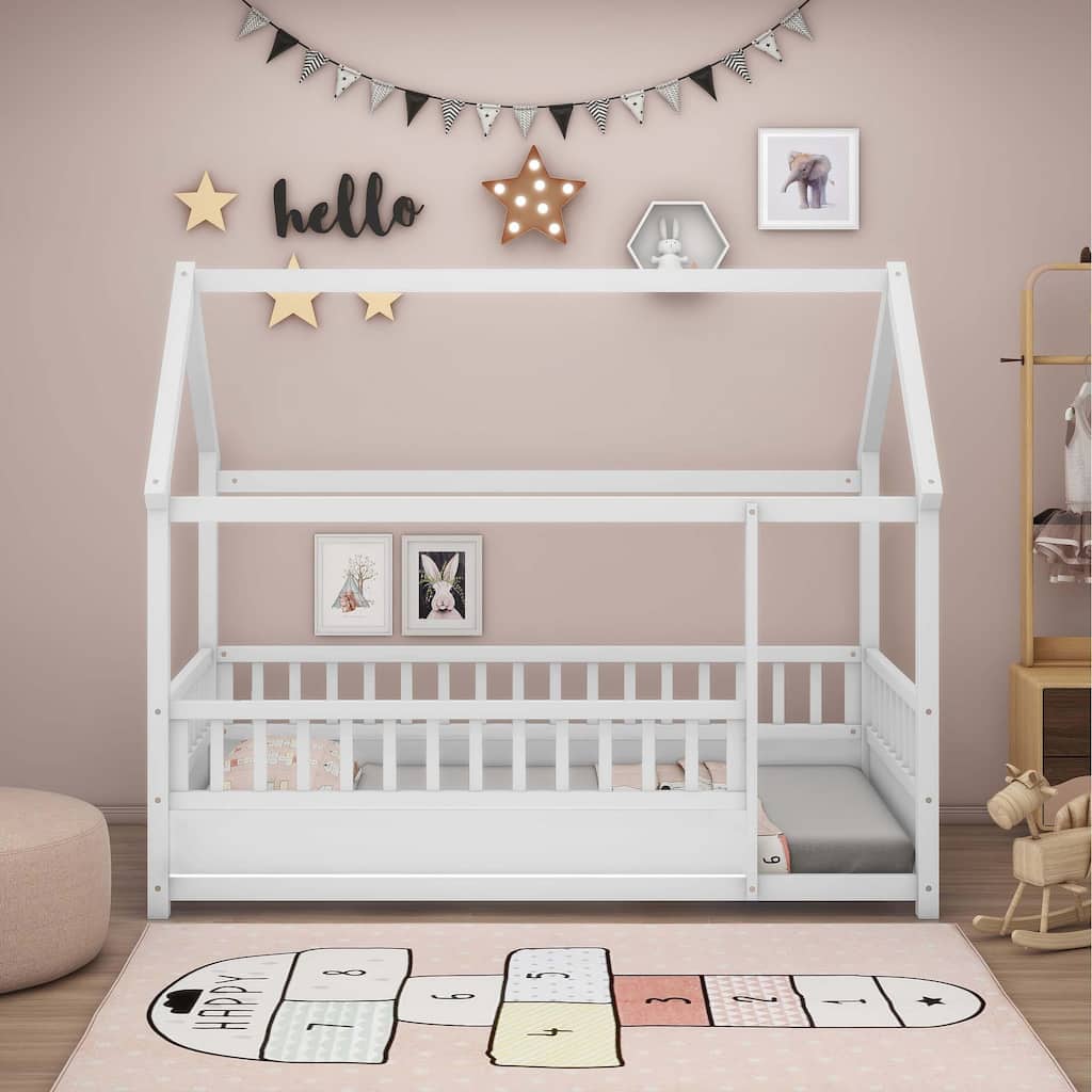 Twin Size Floor Wooden Bed with Fence Guardrails