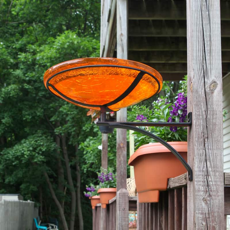 Achla Designs 14"Dia. Round Crackle Glass Birdbath w/Black Wrought Iron Wall Mount Bracket