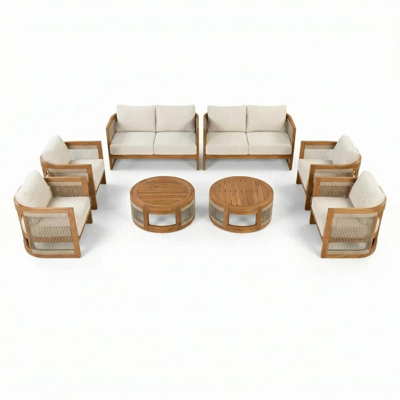 Christopher Knight Home - Outdoor 8-Piece Acacia Wood Patio Conversation Set with Rope Weave and Slatted Coffee Tables