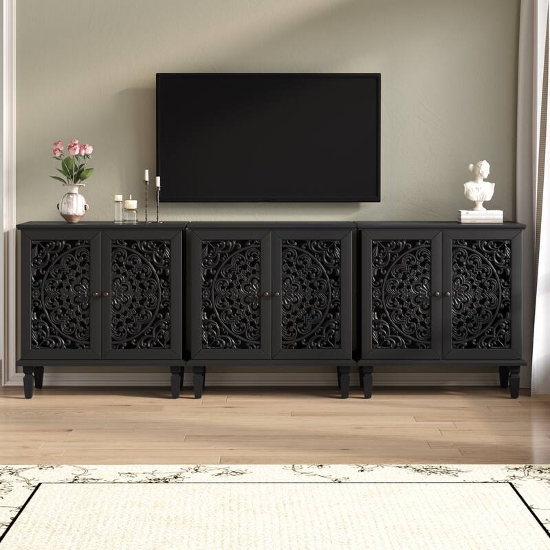 Roomfitters 2-Door Hollow-Carved Accent Cabinet, Symmetrical Floral Sideboard with Adjustable Shelf