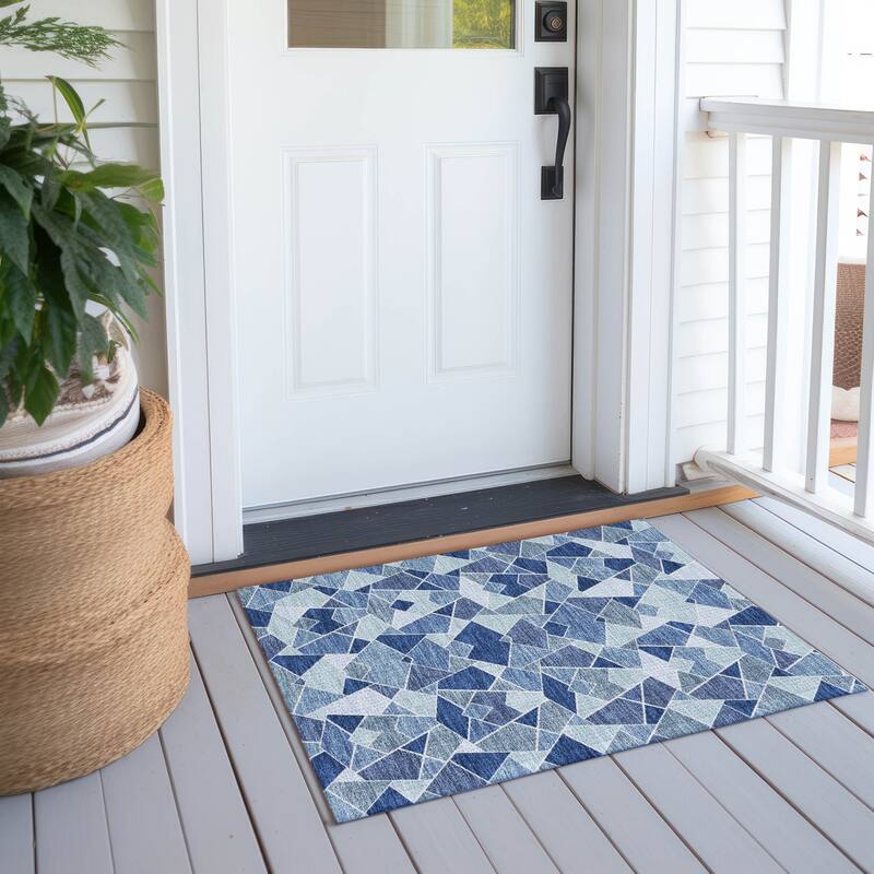 Machine Washable Indoor/ Outdoor Modern Mosaic Chantille Rug - Navy - 1'8" x 2'6"