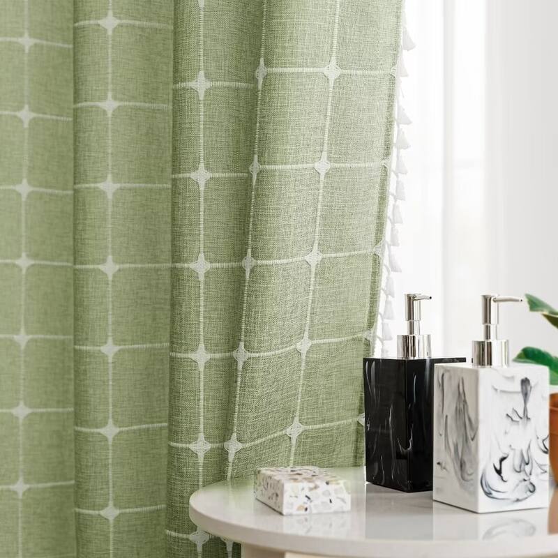 No Hooks Linen Textured Geometric Tassels Shower Curtain with Snap-in Liner