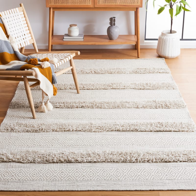SAFAVIEH Handmade Vermont Adriane Rustic Boho Stripe Wool Rug - 3' x 5' - Beige/Grey