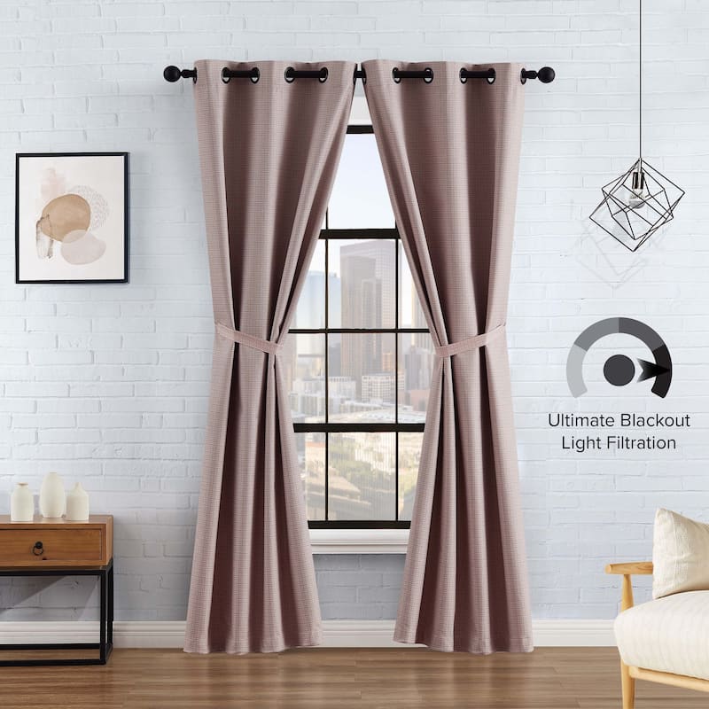 Lucky Brand Finley Textured Blackout Grommet Window Curtain Panel Pair with Tiebacks
