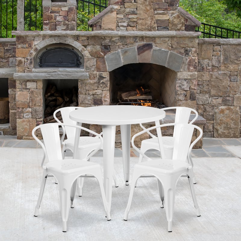 30'' Round Metal Indoor-Outdoor Table Set with 4 Arm Chairs - White