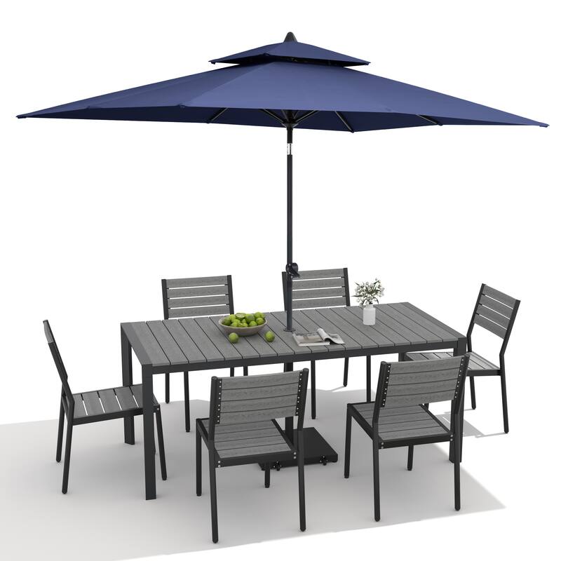 9/11-Piece Outdoor Dining Set Aluminum Table and Stackable Chairs w/10 ft Umbrella and Base