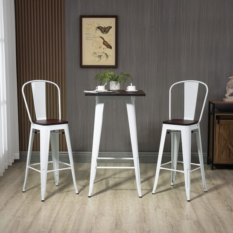 Small Space 3-Piece Bar Table Chair Set with Brown Wood Tabletop and White Steel Frame - 23.5" W x 23.5" D x 41.25" H