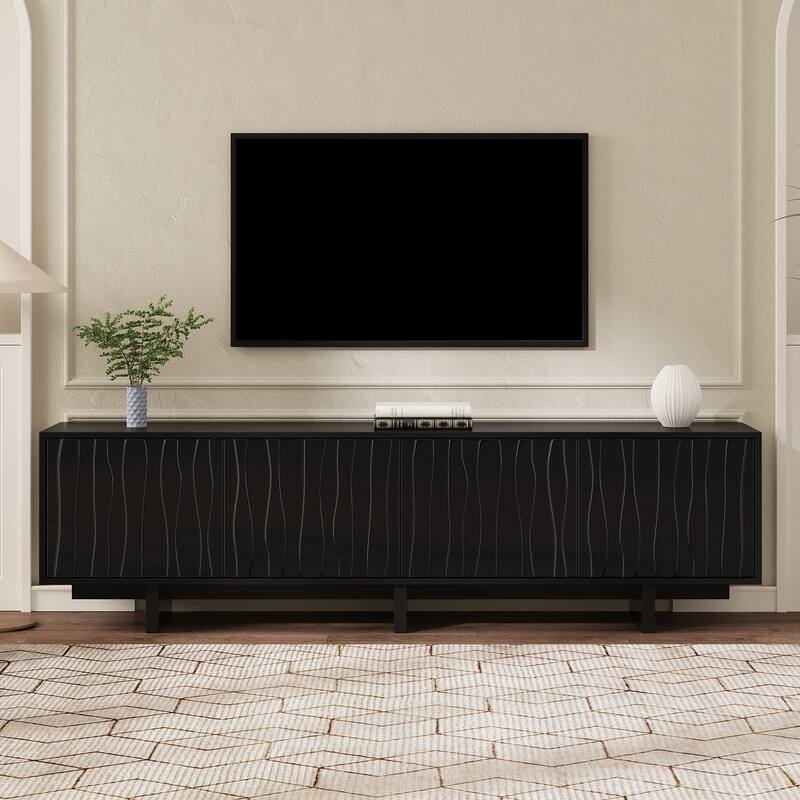 Retro Style Wood Grain TV Stand with Wavy Door, for TVs Up to 75" - 69.6" W × 14.9" D × 20.8" H