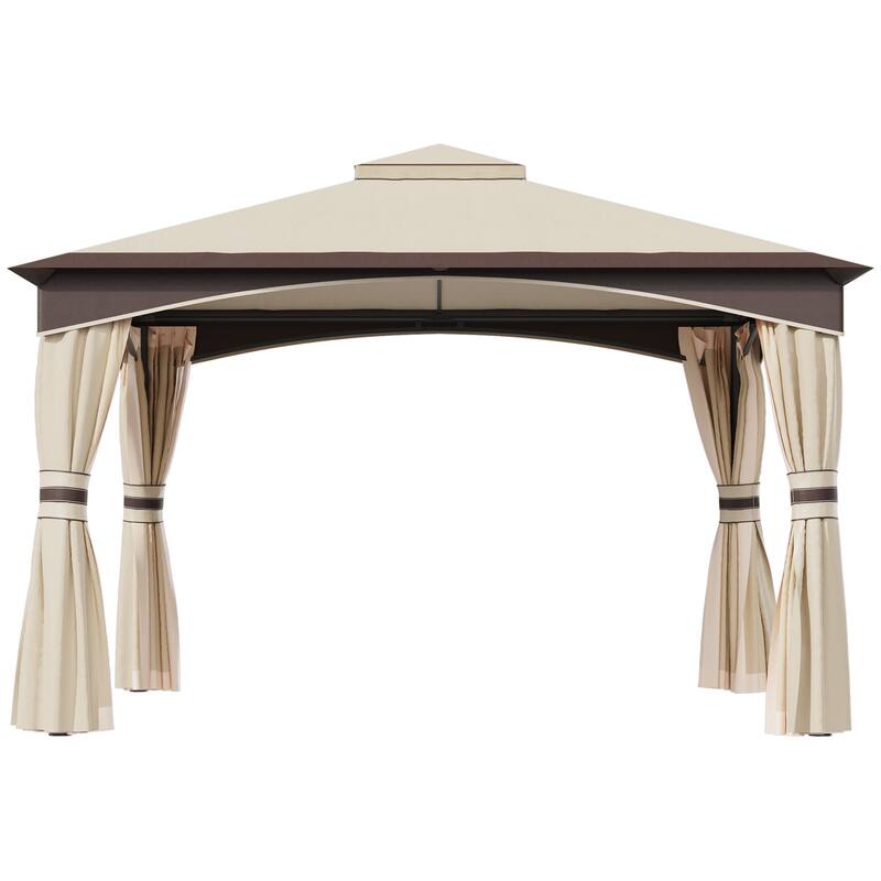 10' x 12' Outdoor Gazebo with Netting and Curtains, Patio Gazebo Canopy with 2-Tier Soft Top Roof and Steel Frame