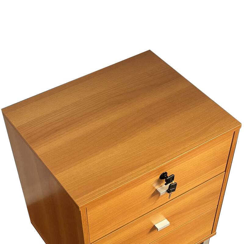 Light Cherry Three-Drawer Nightstand with Locking Top Drawer and Metal Drawer Glides, Faux Silver Legs