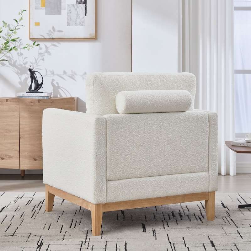 Modern Farmhouse Accent Chair , Wood Base Reading Armchair Single Sofa with Two Bolster Pillows for Living Room