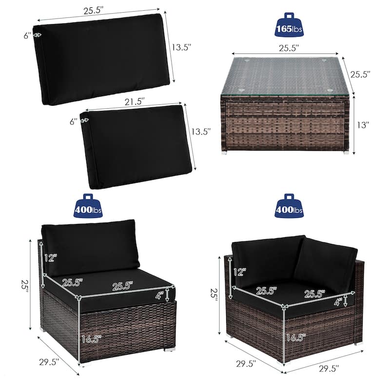 6 Pieces Patio Rattan Furniture Set with Cushions and Glass Coffee Table