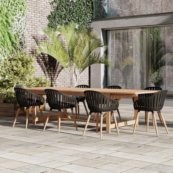 slide 2 of 24, Amazonia Rawlins 9pc 100 FSC Wood Outdoor Patio Dining Set Black Armchairs - Light Wood