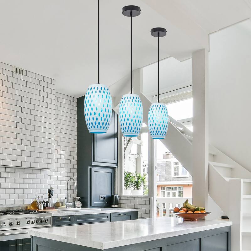 Adriana River of Goods Black Metal and White/Blue Glass 6-Inch Pendant Light with Adjustable Hanging Cord - 6" x 6" x 70.75"