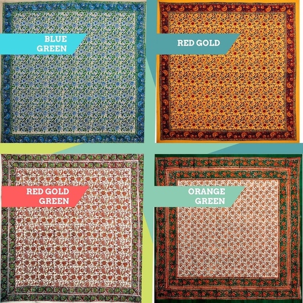 Hand Block Print Cotton Eternal Floral Vine Tablecloth Square Blue Green Gold Red Orange - 60 Inches