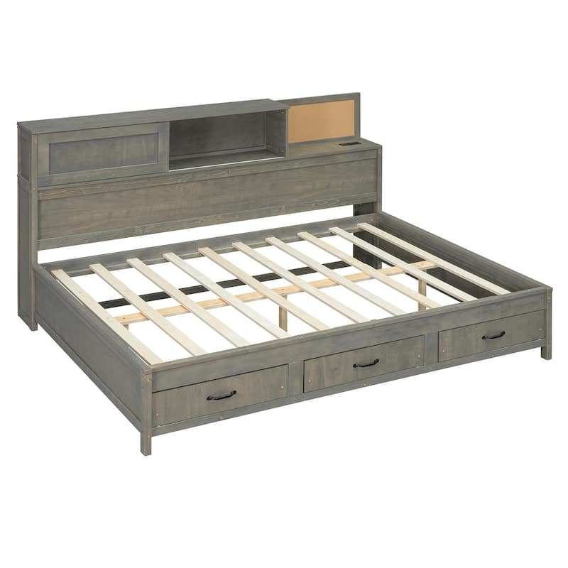 Roomfitters Full Size Wooden Daybed with Storage, USB Ports, Shelf and Soft Backrest Panel, Functional Frame