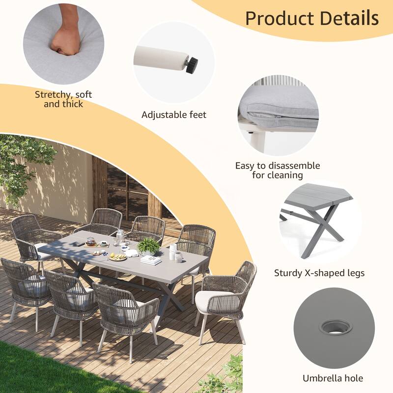 Outdoor Patio Dining Sets with PE Wicker Chairs and X-leg Aluminum Dining Table for 8 Persons