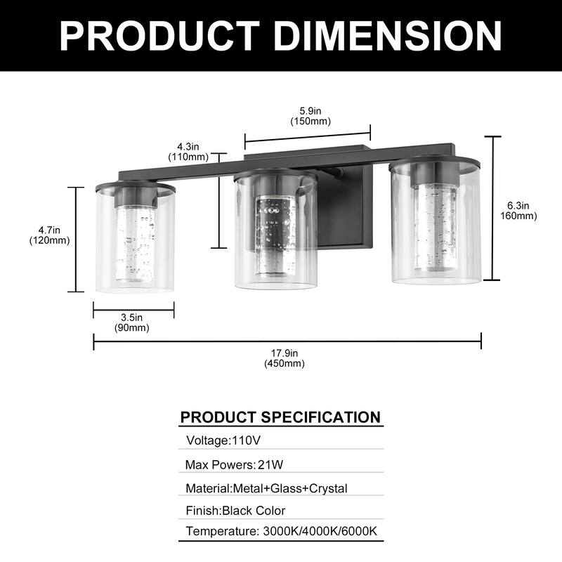 YANSUN 3-Light Black Vanity Light with Tri-Color Adjustable LED (3000/4000/6000K) and Glass Shades - 17.9*3.5*6.3