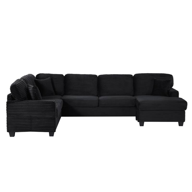 U Shaped Sectional Sofa with 1 Movable Ottoman, Corduroy Upholstered 6 Seater Sofa, Corner Sofa with Storage Pockets