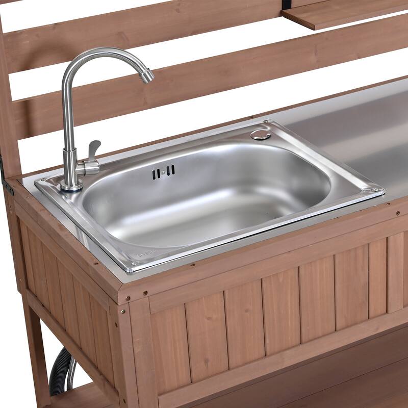 41.7'' Rolling Outdoor Kitchen Island, Solid Wood Kitchen Cart with Sink and Stainless Table Top