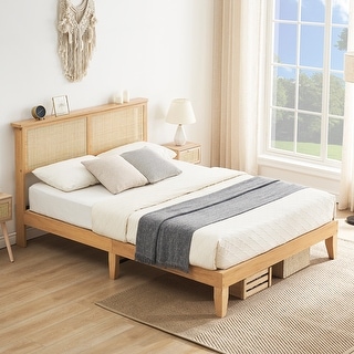 Ail Modern Wooden Platform Bed Frame with Natural Rattan Headboard
