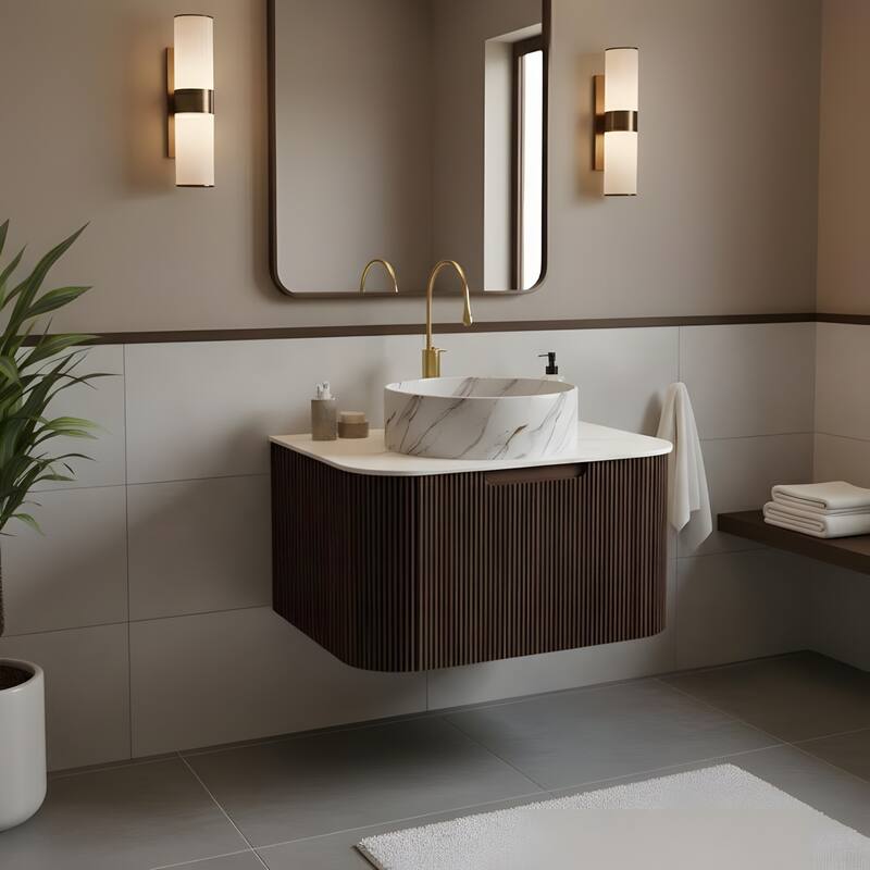 Floating Bathroom with Round Ceramic Basin and Storage Drawer