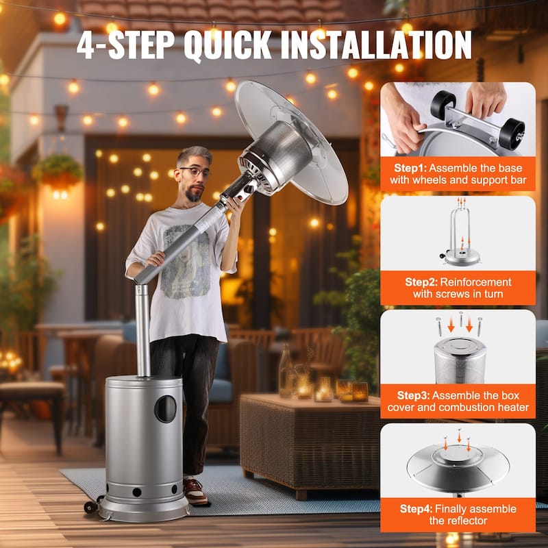 Silver Stainless Steel Propane Patio Heater with Wheels and Glass Flame Perfect for Gatherings of 6-8 People - 32.01x32.01x87.40
