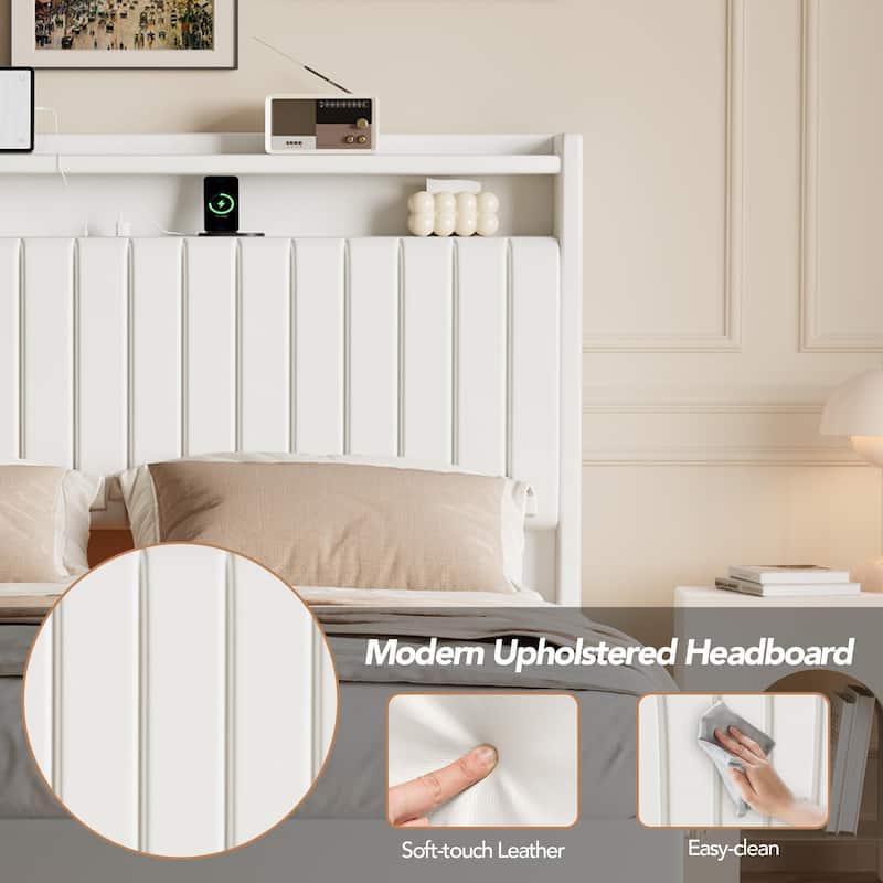 Full/Queen Size Floating Bed Frame with LED Lights, Charging Station, Leather Upholstered Headboard With Storage