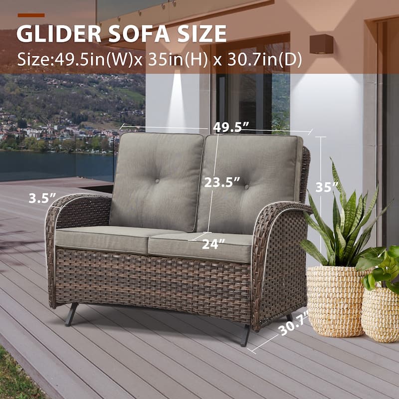 Outdoor Handwoven Wicker Loveseat Glider with Table - Brown