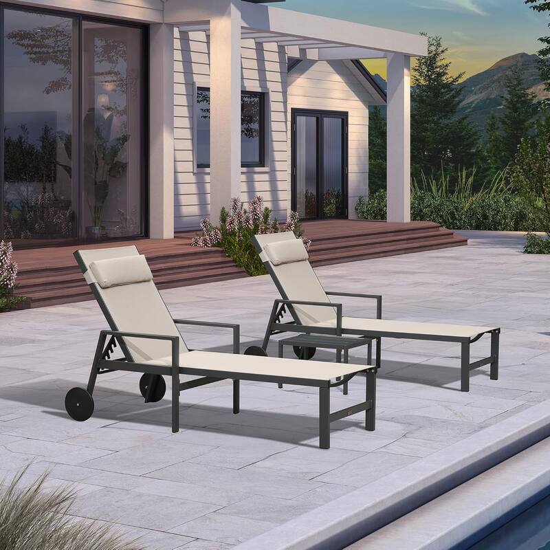 PURPLE LEAF Lounge Chair Set for Outside Aluminum Patio Recliner with Side Table and Pillow Beach Sunbathing Tanning Chairs - Armrest(Beige)