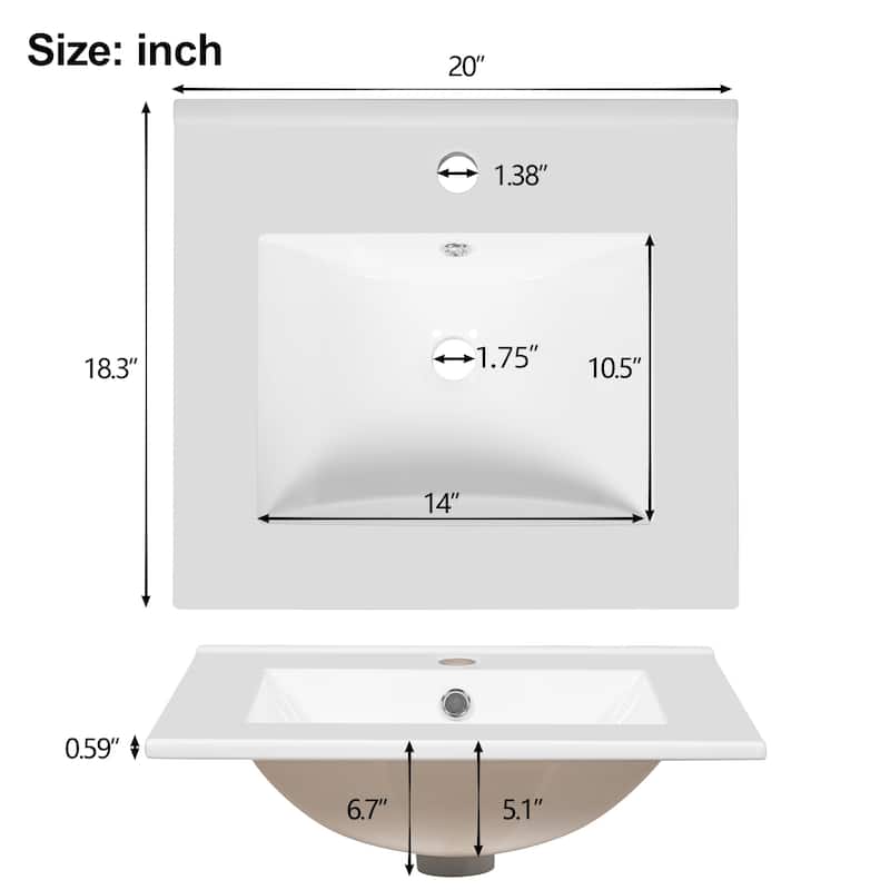 20-Inch Modern Bathroom Vanity with Ceramic Sink, Soft-Close Drawer & Door, Double-Layer Door Organizer, Divider Drawer