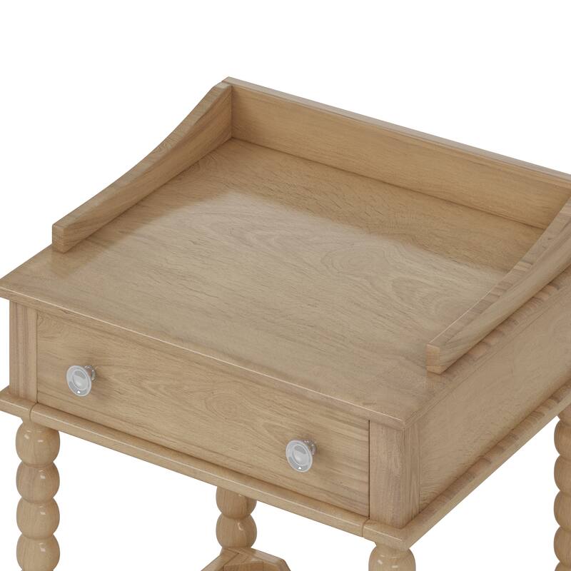 Retro Style Nightstand with Drawer & Open Shelf - Turned Legs Bedside Table with Metal Handle (Natural)