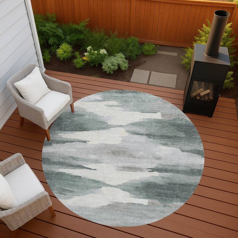 Machine Washable Indoor/ Outdoor Abstract Watercolor Chantille Rug - Sage - 8' x 8'