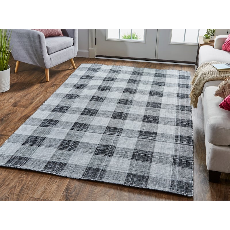 Moya Modern Farmhouse Plaid Rug, Black and Gray, Runner
