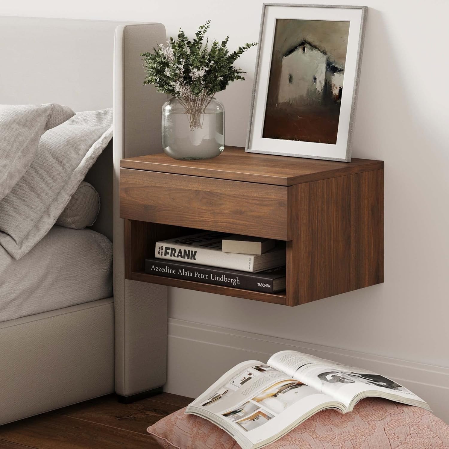Wall Mounted Floating Nightstand with Storage Drawer and Open Shelf, Dark Brown Walnut