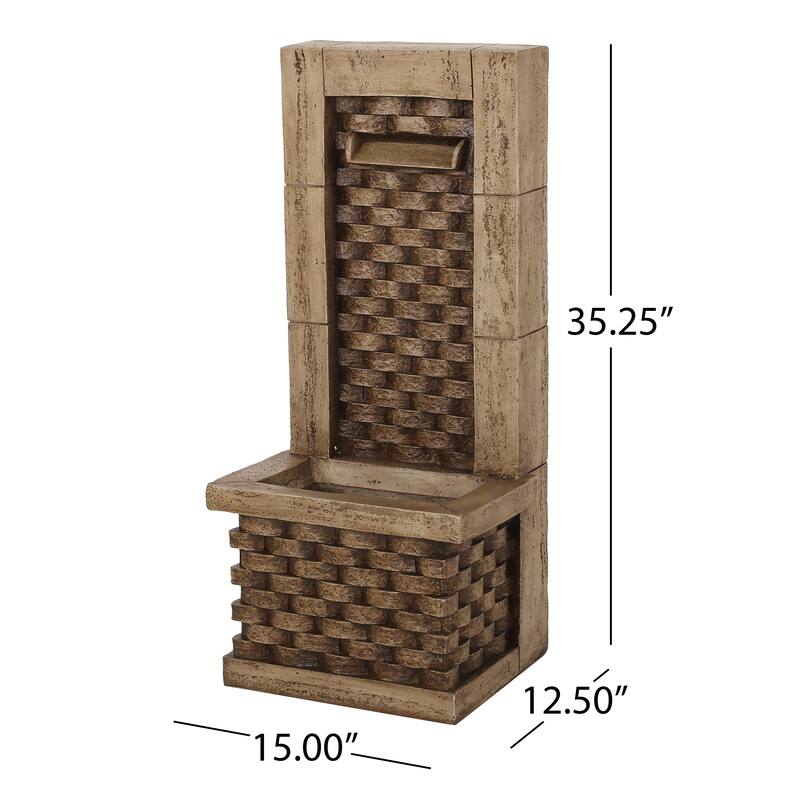Roomfitters 35-Inch Hand-Crafted Outdoor Wall Tower Water Fountain with LED Lights, Weather-Resistant Faux Stone, Light Brown