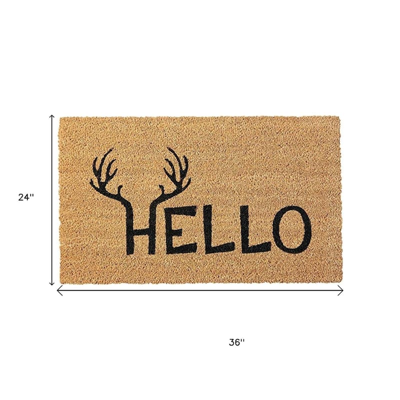 HomeRoots 24" X 36" Natural And Black Hello With Antlers Outdoor Coir Door Mat - 24' X '36