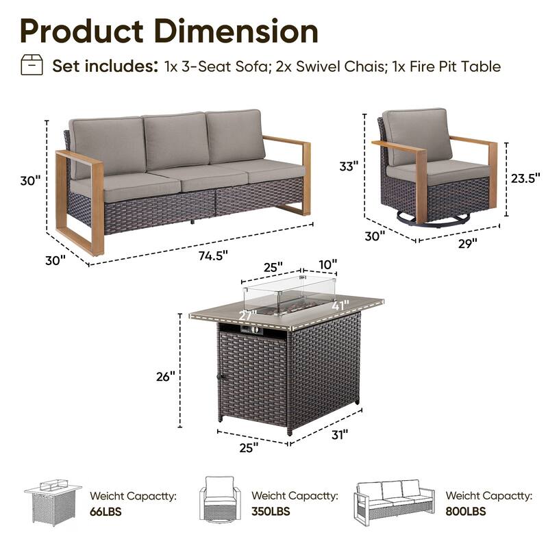 Pocassy 4 Pieces Outdoor Sofa Swivel Chair with Fire Pit Table Set